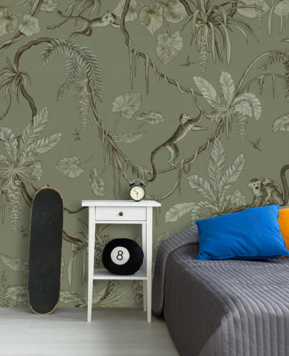 green customisable nursery wall mural called Playful Monkeys - Monochrome Green by Kikki Belle