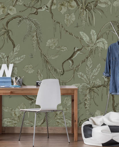 grønt tilpassbart barnehage veggmaleri kalt Playful Monkeys - Monochrome Green av Kikki Belle