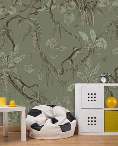 green customisable nursery wall mural called Playful Monkeys - Monochrome Green by Kikki Belle