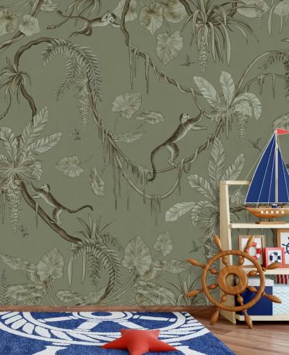 mural de pared verde personalizable para guardería llamado Playful Monkeys - Monochrome Green de Kikki Belle