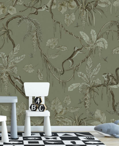 mural de pared verde personalizable para guardería llamado Playful Monkeys - Monochrome Green de Kikki Belle mural de pared verde personalizable para guardería llamado Playful Monkeys - Monochrome Green de Kikki Belle