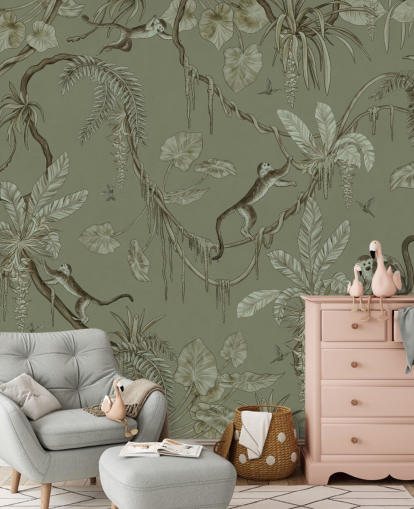 murale verde personalizzabile per la cameretta dei bambini chiamato Playful Monkeys - Monochrome Green by Kikki Belle