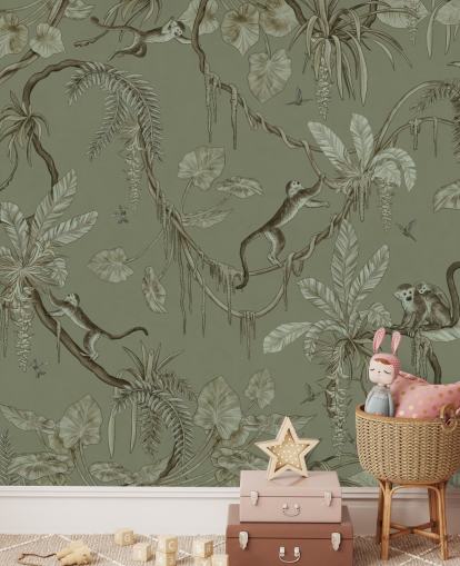 green customisable nursery wall mural called Playful Monkeys - Monochrome Green by Kikki Belle