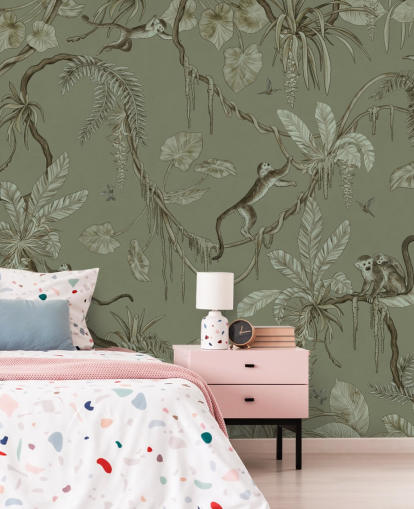 green customisable nursery wall mural called Playful Monkeys - Monochrome Green by Kikki Belle