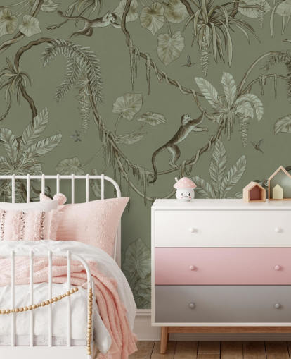 Grünes personalisierbares Wandbild für Kinderzimmer namens Playful Monkeys — Monochrome Green von Kikki Belle Grünes personalisierbares Wandbild für Kinderzimmer namens Playful Monkeys — Monochrome Green von Kikki Belle