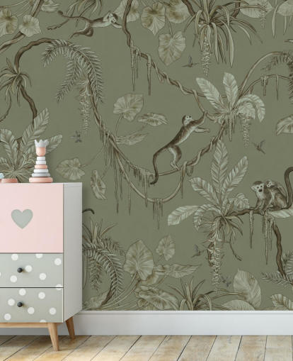 fresque murale verte personnalisable pour chambre d'enfant appelée Playful Monkeys - Monochrome Green de Kikki Belle