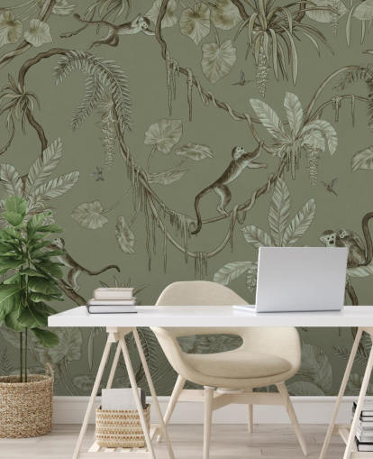green customizable nursery wall mural called Playful Monkeys - Monochrome Green by Kikki Belle