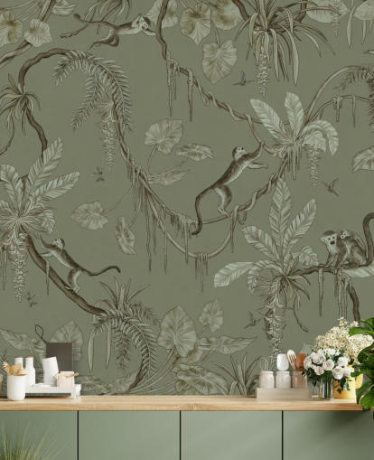 green customizable nursery wall mural called Playful Monkeys - Monochrome Green by Kikki Belle