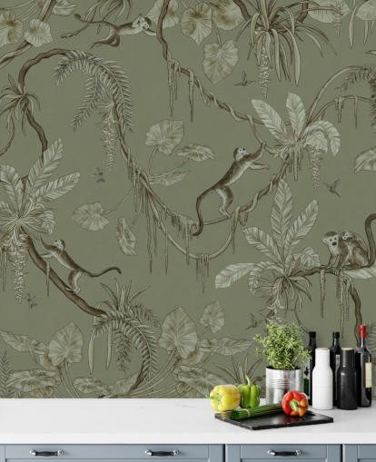 mural de pared verde personalizable para guardería llamado Playful Monkeys - Monochrome Green de Kikki Belle