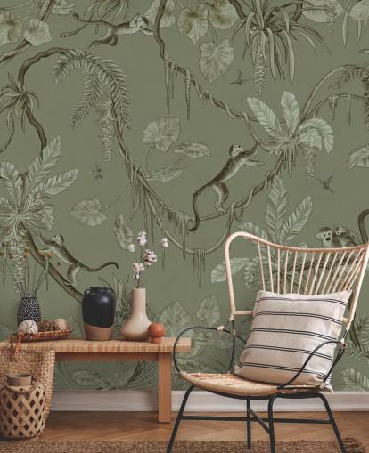 green customizable nursery wall mural called Playful Monkeys - Monochrome Green by Kikki Belle