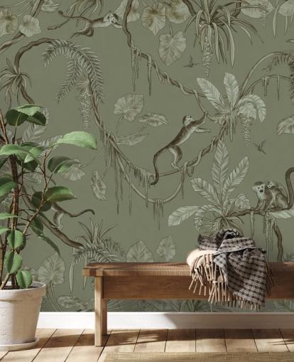 green customizable nursery wall mural called Playful Monkeys - Monochrome Green by Kikki Belle