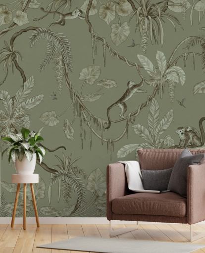 green customizable nursery wall mural called Playful Monkeys - Monochrome Green by Kikki Belle