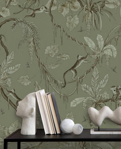 green customizable nursery wall mural called Playful Monkeys - Monochrome Green by Kikki Belle green customizable nursery wall mural called Playful Monkeys - Monochrome Green by Kikki Belle