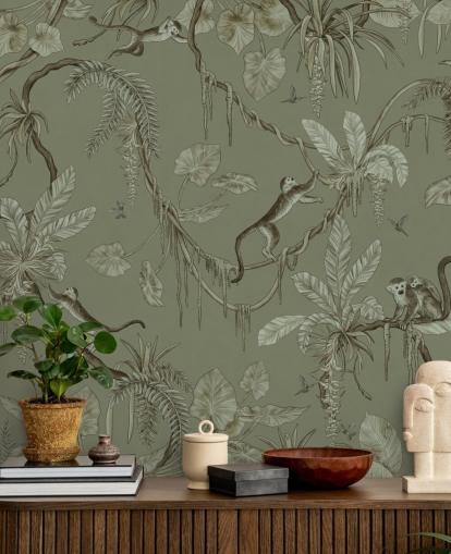 green customizable nursery wall mural called Playful Monkeys - Monochrome Green by Kikki Belle