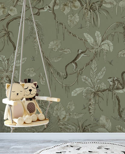 groene aanpasbare muurschildering voor de kinderkamer genaamd Playful Monkeys - Monochrome Green van Kikki Belle