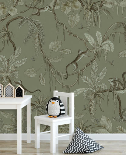 mural de parede de berçário personalizável verde chamado Playful Monkeys - Monochrome Green de Kikki Belle