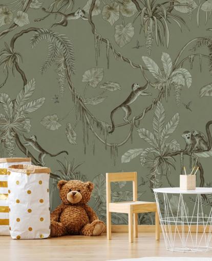 groene aanpasbare muurschildering voor de kinderkamer genaamd Playful Monkeys - Monochrome Green van Kikki Belle