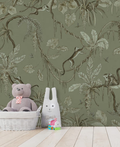 mural de pared verde personalizable para guardería llamado Playful Monkeys - Monochrome Green de Kikki Belle