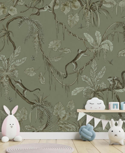 murale verde personalizzabile per la cameretta dei bambini chiamato Playful Monkeys - Monochrome Green by Kikki Belle