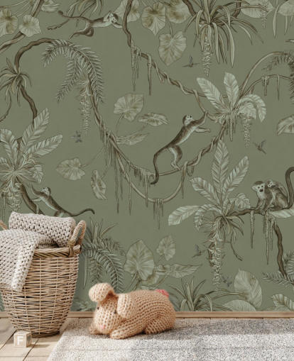 fresque murale verte personnalisable pour chambre d'enfant appelée Playful Monkeys - Monochrome Green de Kikki Belle