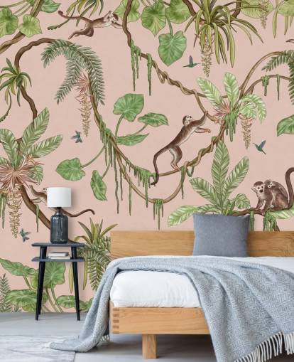 rosafarbenes individuelles Schlafzimmer-Wandbild namens Playful Monkeys — Pink von Kikki Belle für Kinderzimmer