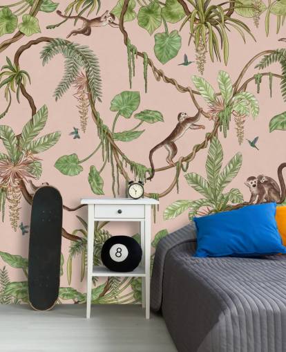 mural de pared rosa personalizado para dormitorio llamado Playful Monkeys - Pink de Kikki Belle para guarderías