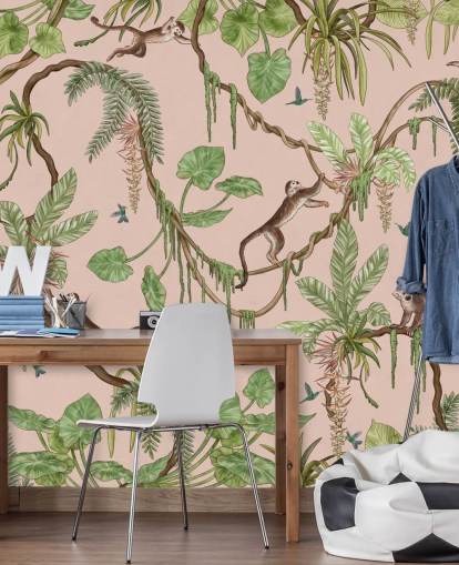 rosafarbenes individuelles Schlafzimmer-Wandbild namens Playful Monkeys — Pink von Kikki Belle für Kinderzimmer