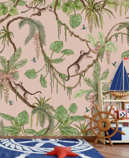 roze op maat gemaakte muurschildering voor de slaapkamer genaamd Playful Monkeys - Pink van Kikki Belle voor kinderdagverblijven