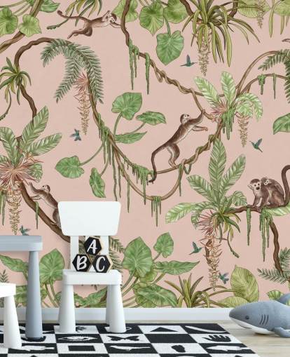 murale rosa personalizzato per camera da letto chiamato Playful Monkeys - Pink di Kikki Belle per asili nido