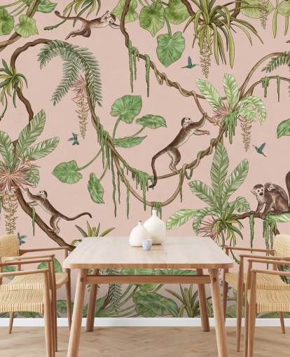 rosa anpassad sovrumsväggmålning som heter Playful Monkeys - Rosa av Kikki Belle för plantskolor