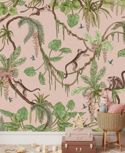 roze op maat gemaakte muurschildering voor de slaapkamer genaamd Playful Monkeys - Pink van Kikki Belle voor kinderdagverblijven