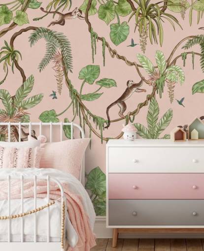 pink custom bedroom wall mural called Playful Monkeys - Pink by Kikki Belle for nurseries pink custom bedroom wall mural called Playful Monkeys - Pink by Kikki Belle for nurseries