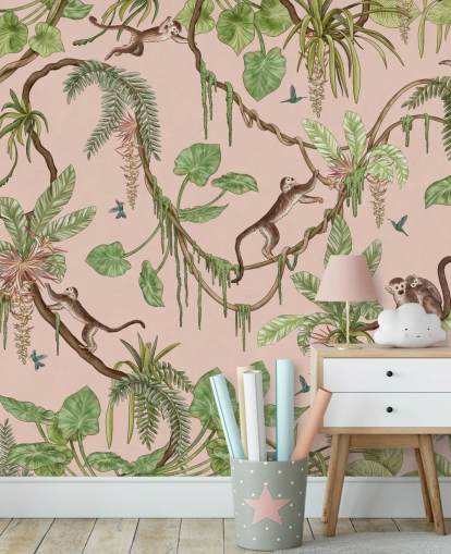 pink custom bedroom wall mural called Playful Monkeys - Pink by Kikki Belle for nurseries