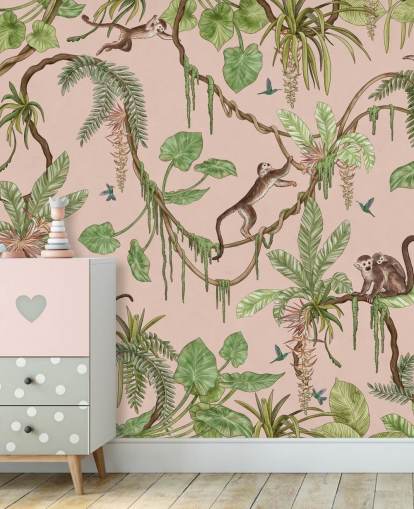 vaaleanpunainen mukautettu makuuhuoneen seinämaalaus nimeltä Playful Monkeys - Pink by Kikki Belle lastentarhoille vaaleanpunainen mukautettu makuuhuoneen seinämaalaus nimeltä Playful Monkeys - Pink by Kikki Belle lastentarhoille