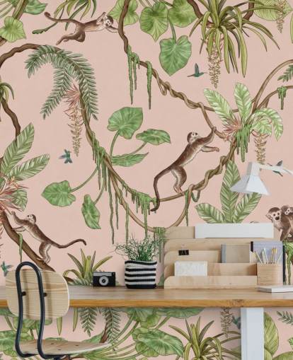 pink custom bedroom wall mural called Playful Monkeys - Pink by Kikki Belle for nurseries