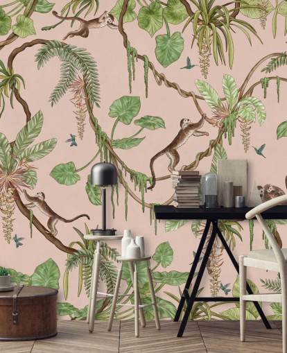 pink custom bedroom wall mural called Playful Monkeys - Pink by Kikki Belle for nurseries pink custom bedroom wall mural called Playful Monkeys - Pink by Kikki Belle for nurseries