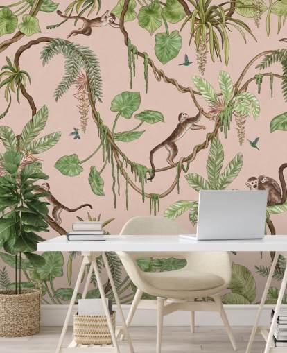 mural de pared rosa personalizado para dormitorio llamado Playful Monkeys - Pink de Kikki Belle para guarderías