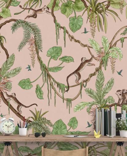 pink custom bedroom wall mural called Playful Monkeys - Pink by Kikki Belle for nurseries pink custom bedroom wall mural called Playful Monkeys - Pink by Kikki Belle for nurseries