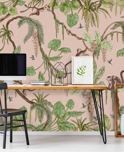 rosafarbenes individuelles Schlafzimmer-Wandbild namens Playful Monkeys — Pink von Kikki Belle für Kinderzimmer