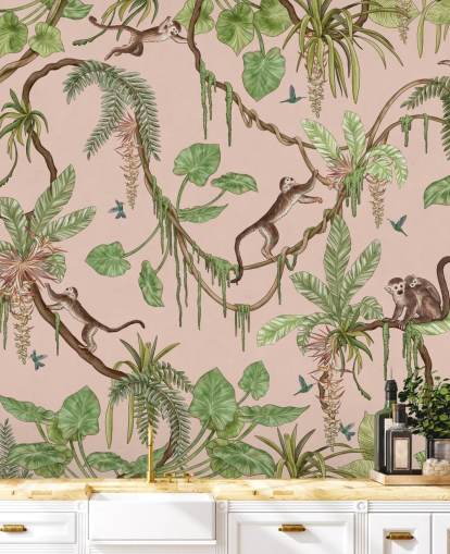 pink custom bedroom wall mural called Playful Monkeys - Pink by Kikki Belle for nurseries