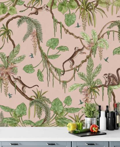 mural de parede de quarto personalizado rosa chamado Playful Monkeys - Pink de Kikki Belle para creches