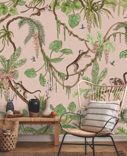 roze op maat gemaakte muurschildering voor de slaapkamer genaamd Playful Monkeys - Pink van Kikki Belle voor kinderdagverblijven roze op maat gemaakte muurschildering voor de slaapkamer genaamd Playful Monkeys - Pink van Kikki Belle voor kinderdagverblijven