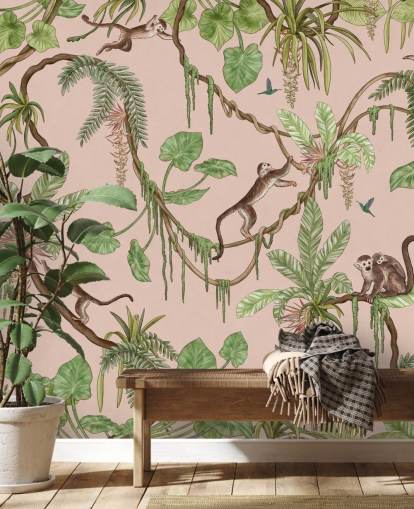 mural de parede de quarto personalizado rosa chamado Playful Monkeys - Pink de Kikki Belle para creches