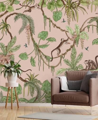 rosa anpassad sovrumsväggmålning som heter Playful Monkeys - Rosa av Kikki Belle för plantskolor