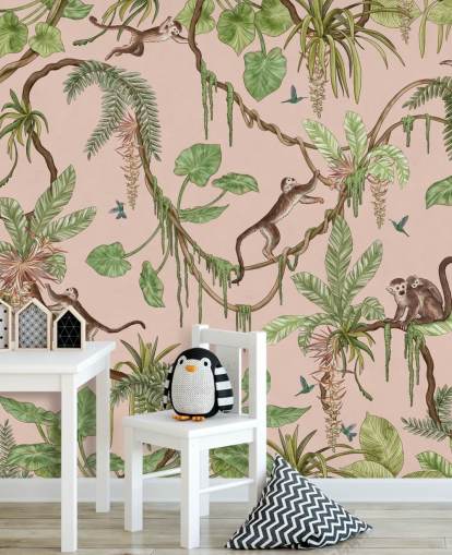 fresque murale de chambre personnalisée rose appelée Playful Monkeys - Pink de Kikki Belle pour les crèches