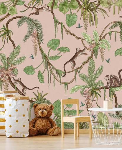 pink custom bedroom wall mural called Playful Monkeys - Pink by Kikki Belle for nurseries