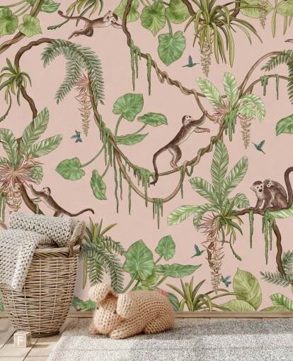 fresque murale de chambre personnalisée rose appelée Playful Monkeys - Pink de Kikki Belle pour les crèches