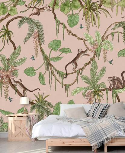 fresque murale de chambre personnalisée rose appelée Playful Monkeys - Pink de Kikki Belle pour les crèches