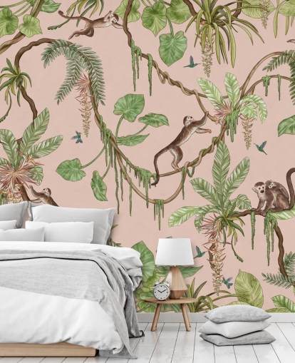 pink custom bedroom wall mural called Playful Monkeys - Pink by Kikki Belle for nurseries pink custom bedroom wall mural called Playful Monkeys - Pink by Kikki Belle for nurseries