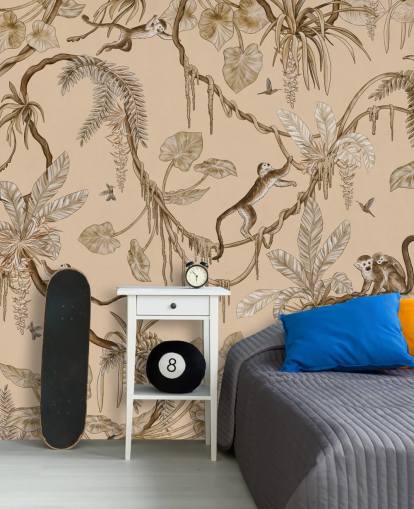 beige customisable nursery wall mural called Playful Monkeys - Vintage Beige by Kikki Belle